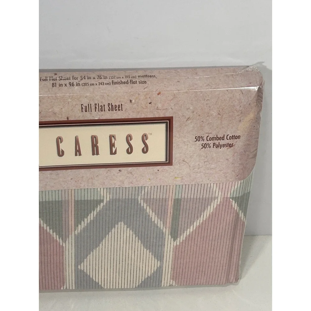 Vintage Caress Full Flat Sheet Geo Pastel Pink Grey 180 TC Percale Mervyns USA
